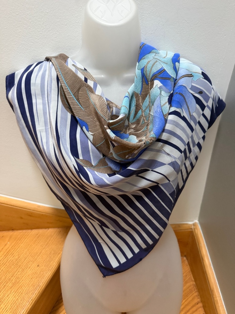 VTG Gorgeous Pierre Cardin Paris Silk Scarf Blue Floral Geometric Stripe